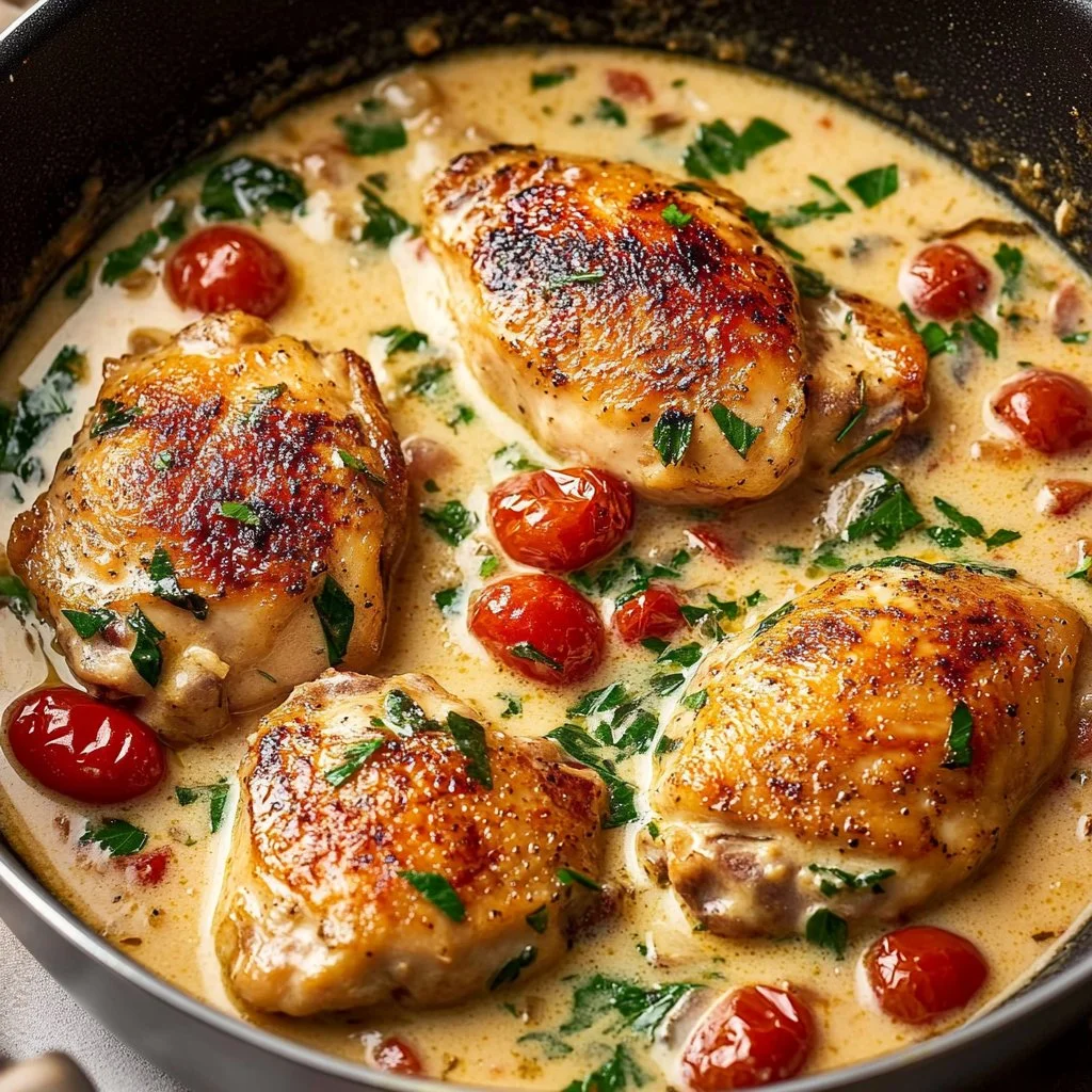 Delicious Tuscan chicken served with fresh herbs and vegetables.