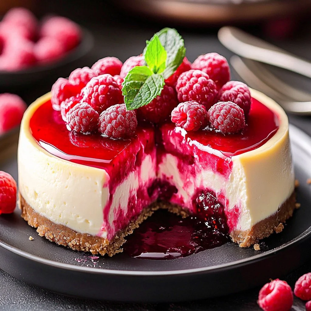 Delicious White Chocolate Raspberry Cheesecake slice on a plate