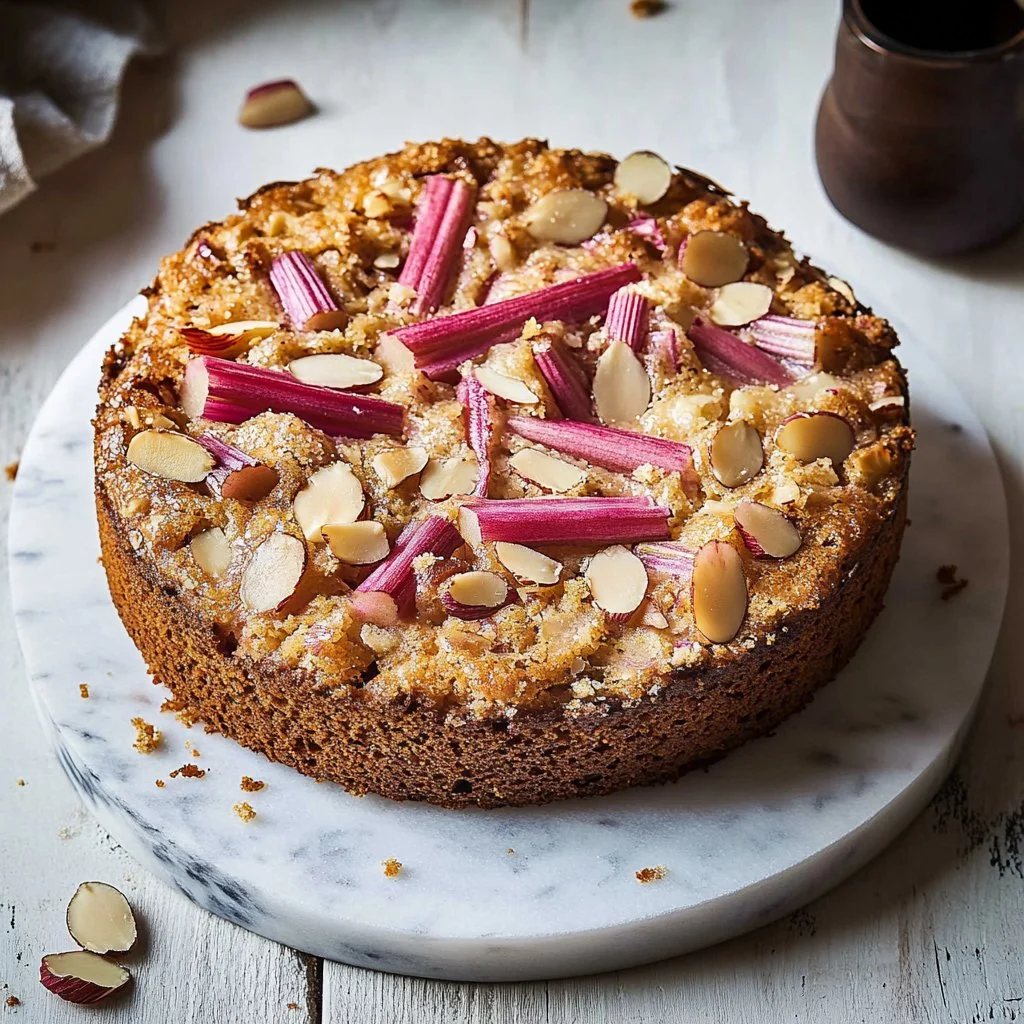 Almond Rhubarb Coffee Cake fresh out of the oven, topped with almond slices.