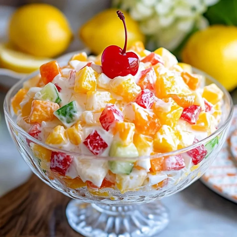 Bowl of colorful Ambrosia Salad with fruits and marshmallows