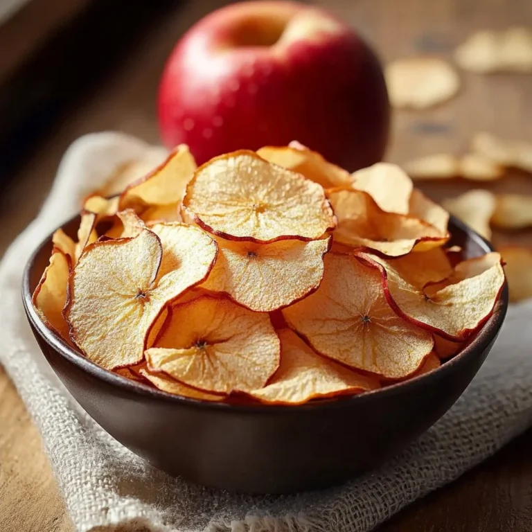 Homemade baked apple chips displayed on a wooden plate.