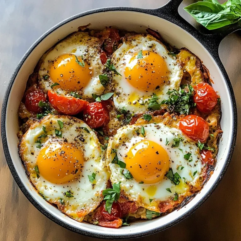 Baked feta eggs served on a plate, garnished with herbs.