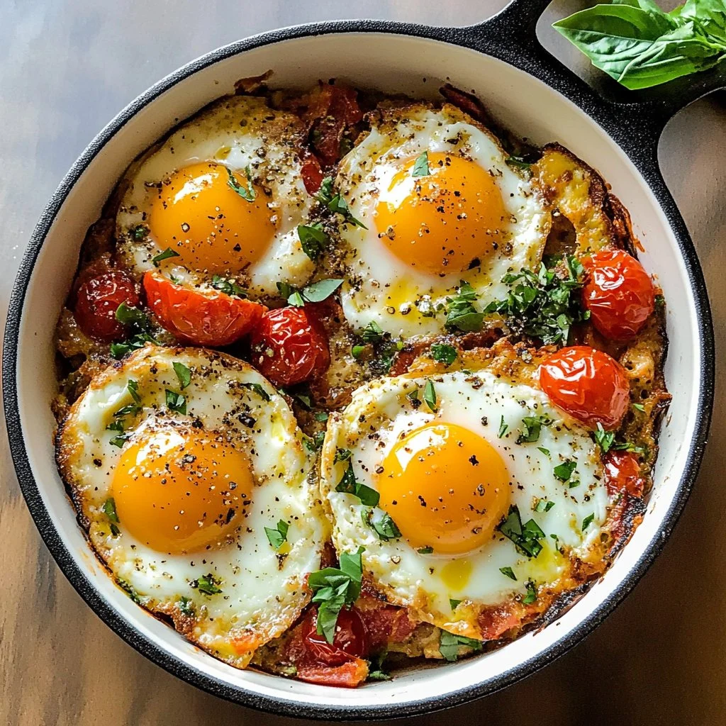 Baked feta eggs served on a plate, garnished with herbs.