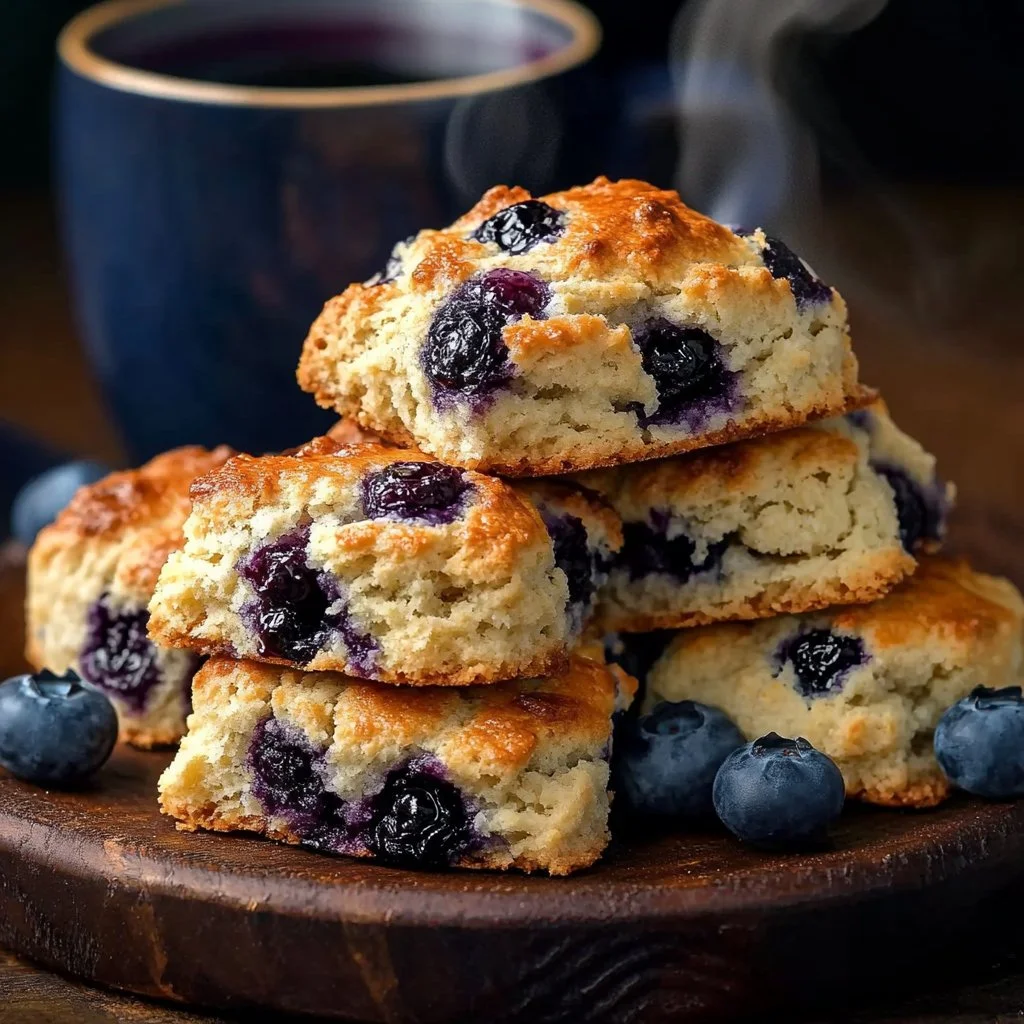 Freshly baked blueberry biscuits served on a rustic wooden table
