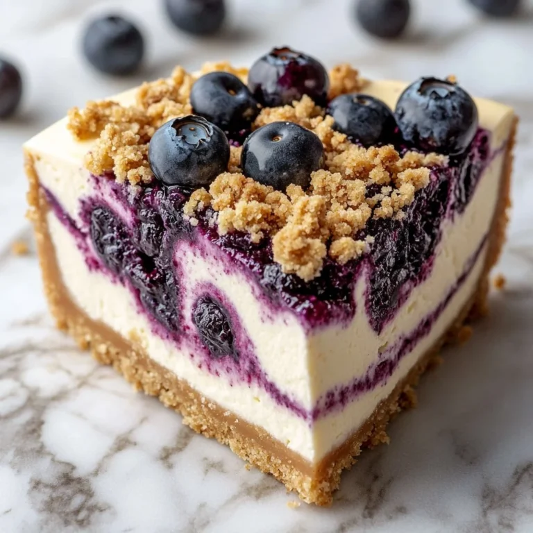 Sliced blueberry crumble cheesecake topped with fresh blueberries and crumble