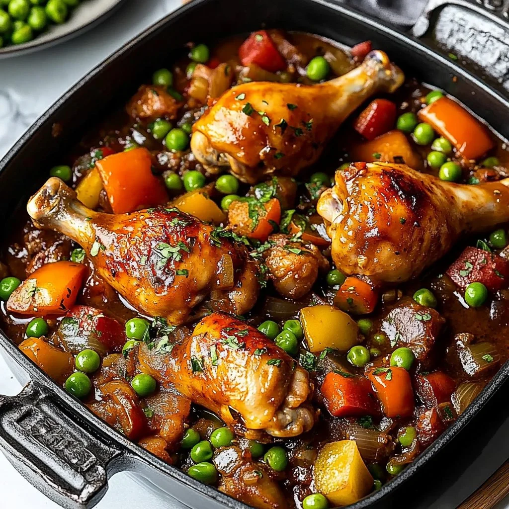 Braised chicken thighs with fresh vegetables in a savory sauce.