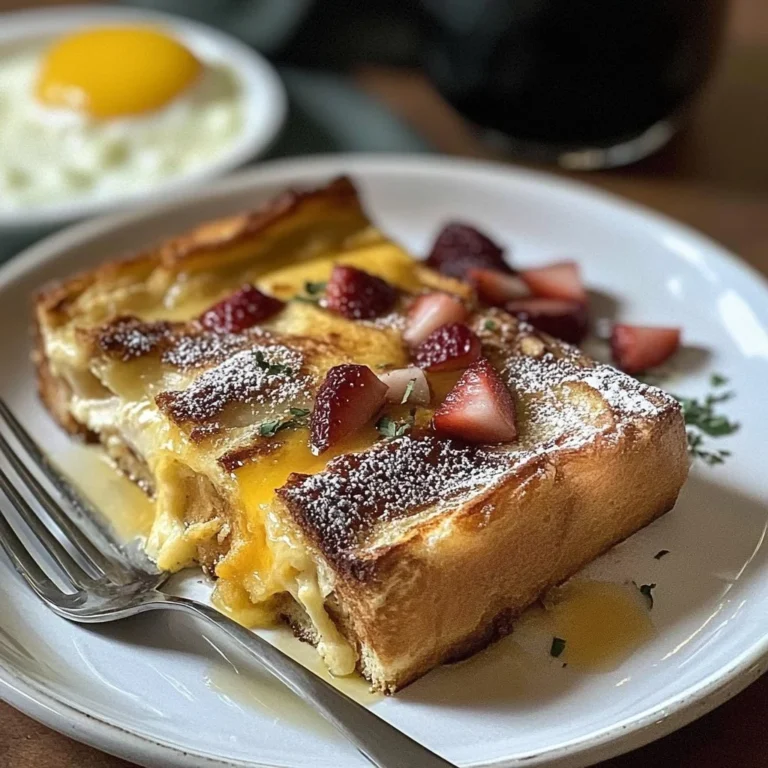 Delicious Brioche French Toast Casserole topped with fresh berries and syrup