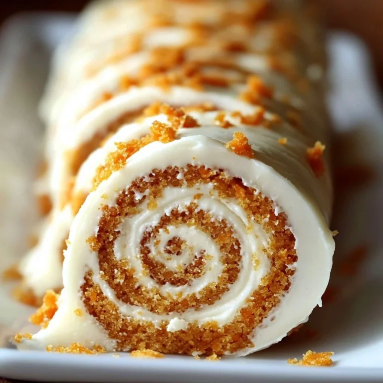 Delicious carrot cake roll filled with cream cheese frosting, garnished with walnuts.