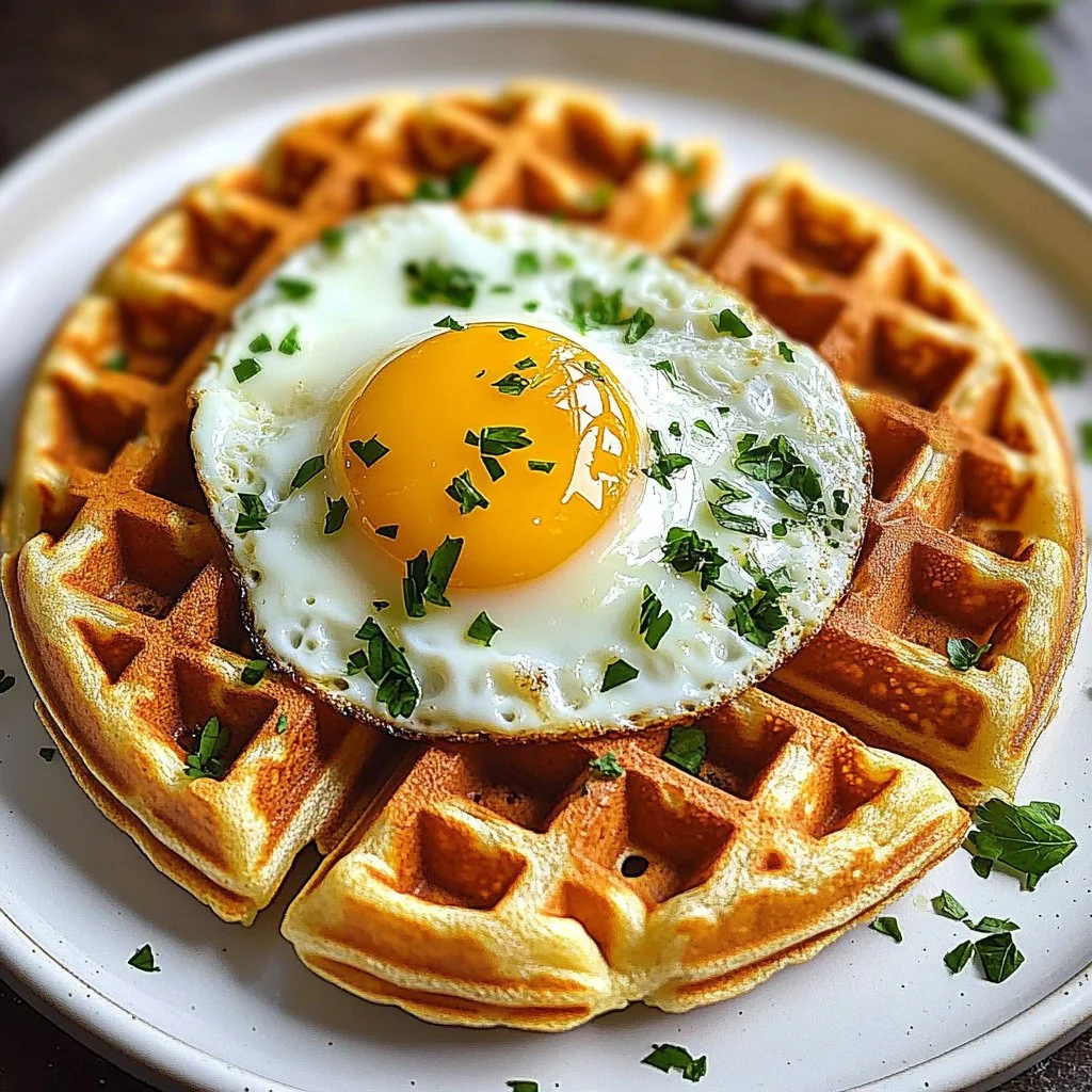 Cheesy cauliflower waffles topped with herbs and served warm on a plate