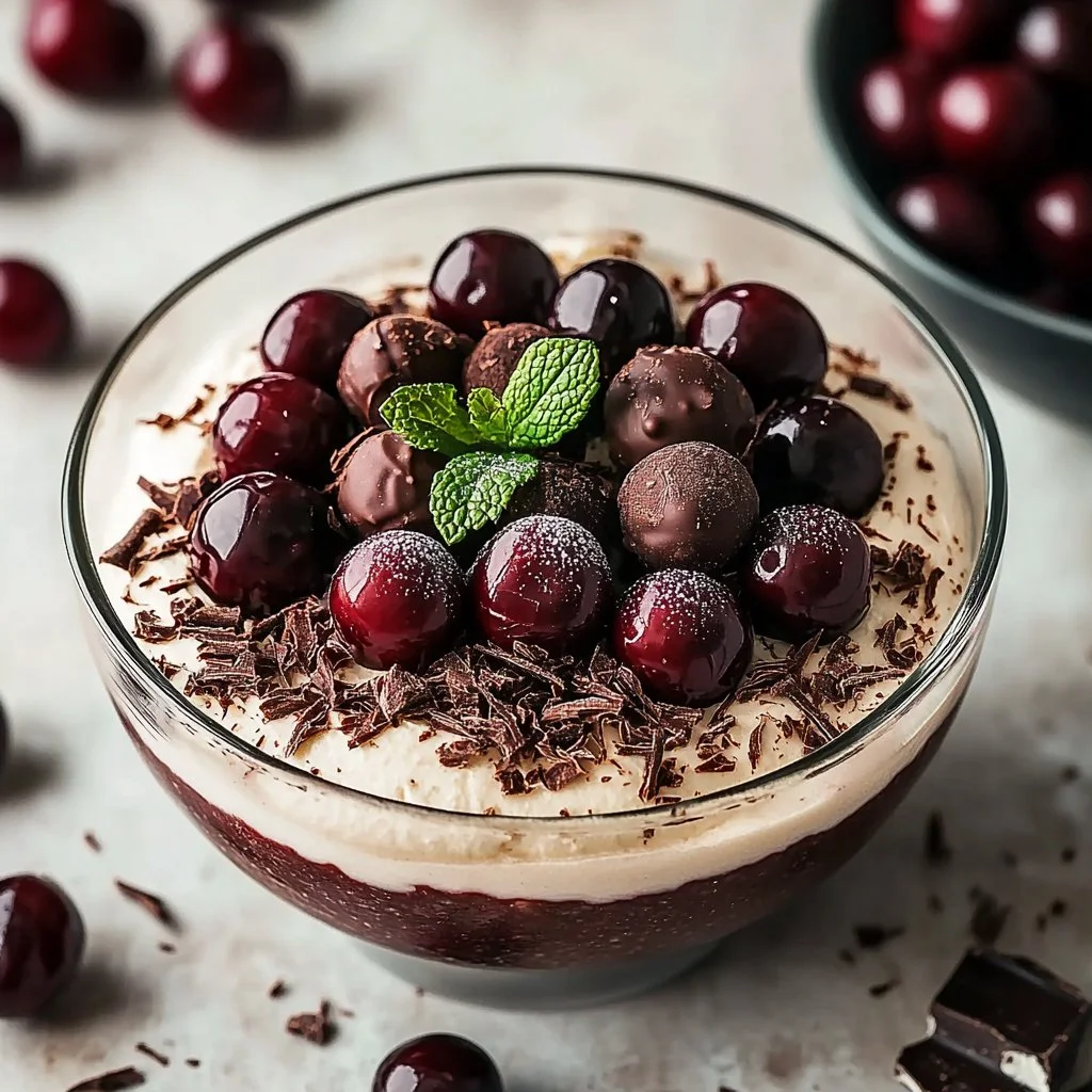 Delicious Cherry Amaretto Tiramisu dessert with cherries and coffee layers