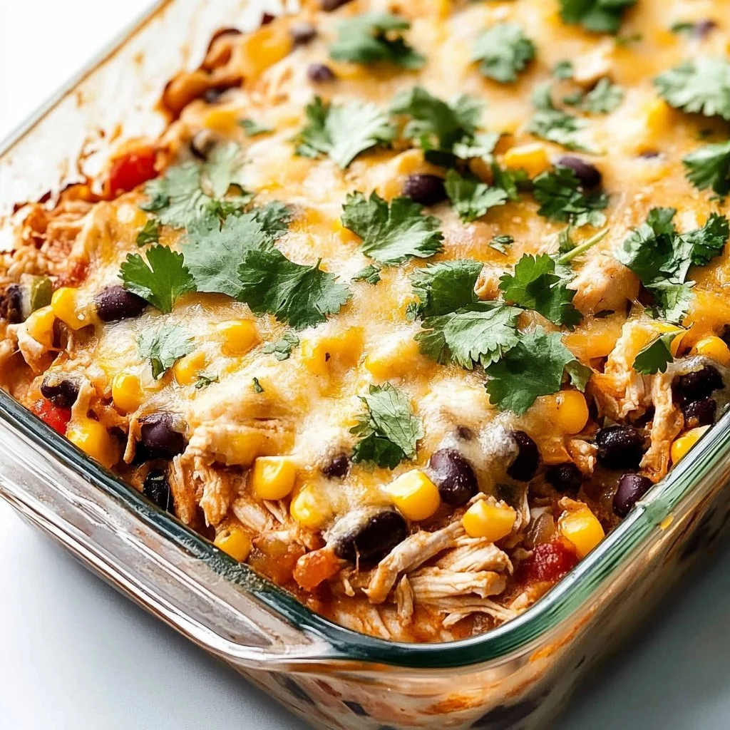 Delicious Chicken Burrito Casserole topped with melted cheese and fresh ingredients