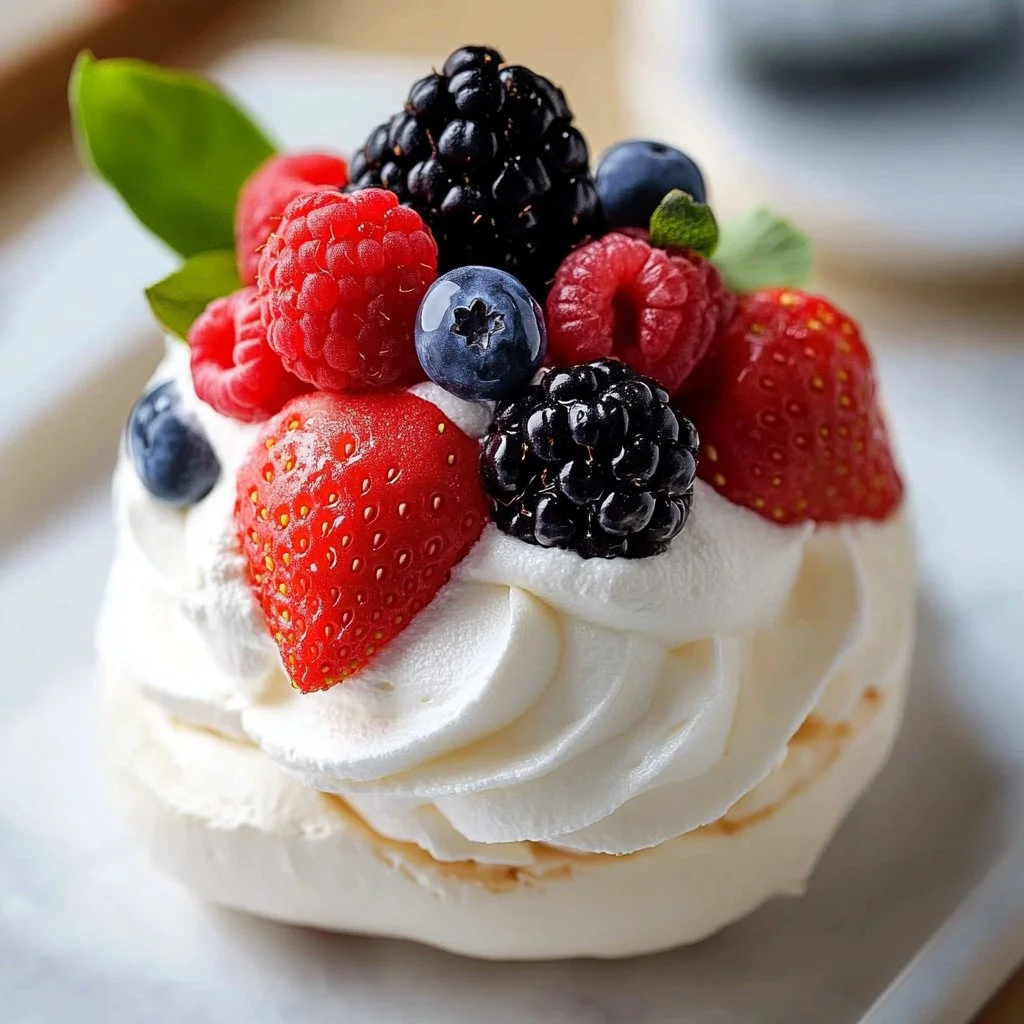Christmas mini pavlovas topped with berries and whipped cream on a festive table.
