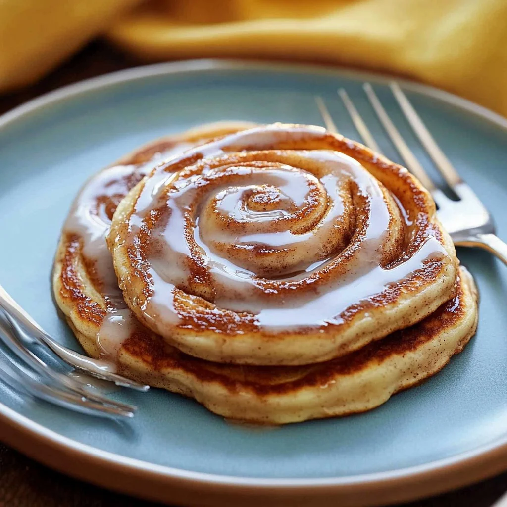 Stack of cinnamon roll pancakes drizzled with icing and topped with cinnamon.