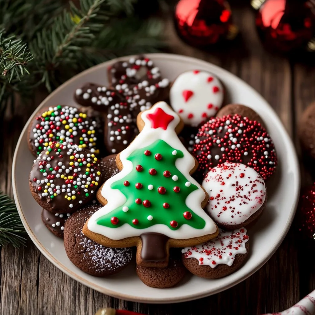 Cozy Christmas chocolate spritz cookies decorated for the holidays