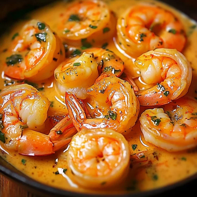 Plate of creamy garlic shrimp with spinach served with a lemon wedge