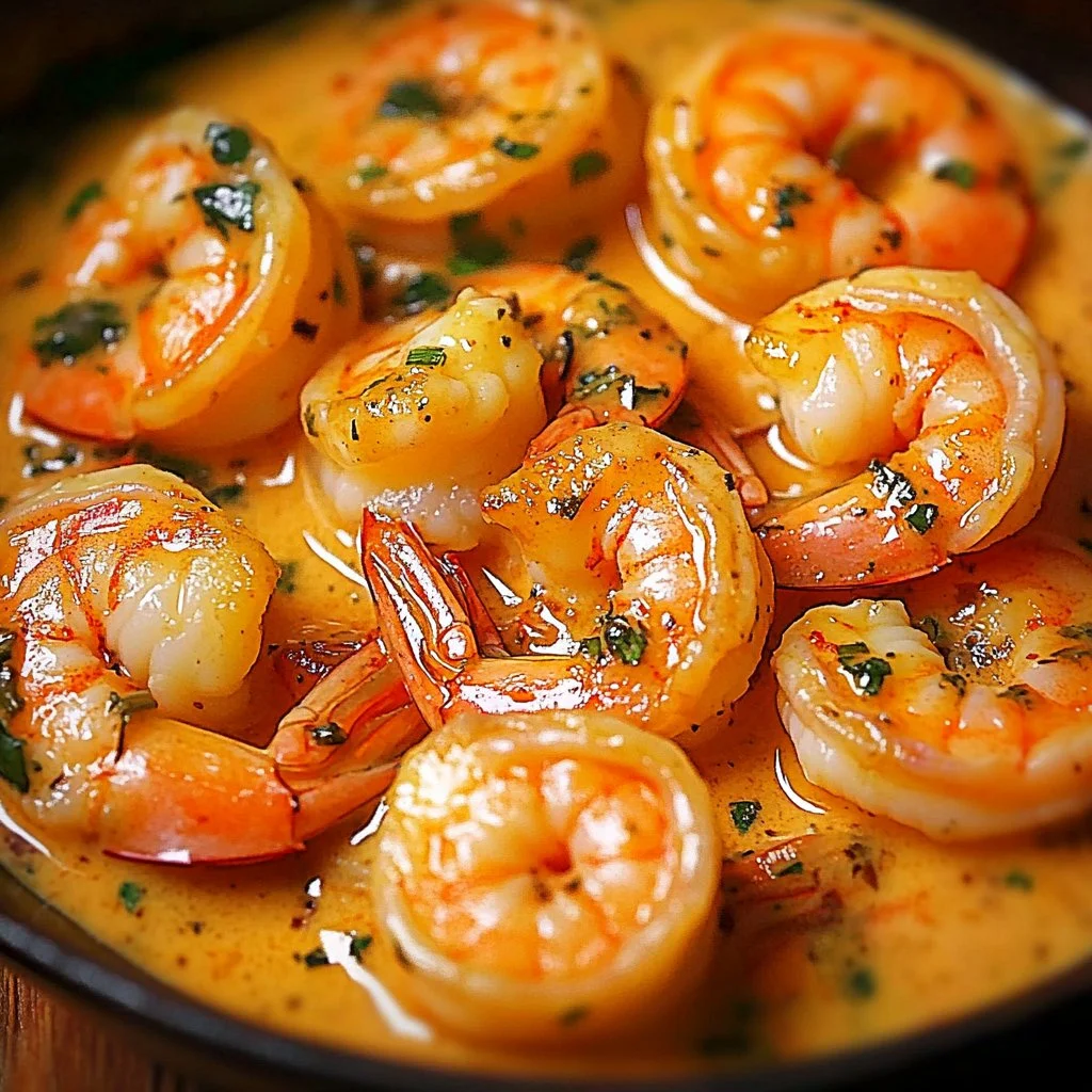 Plate of creamy garlic shrimp with spinach served with a lemon wedge