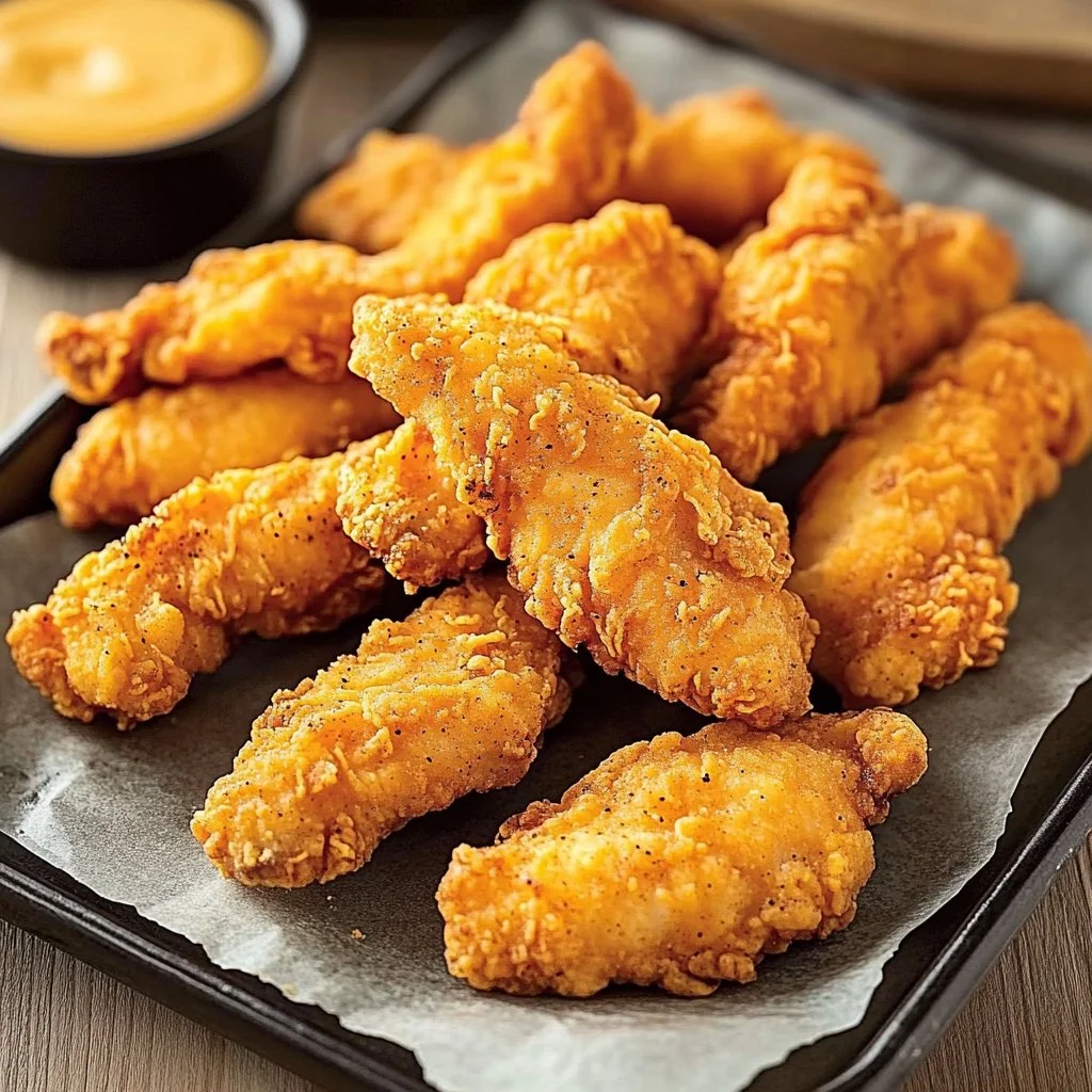 Crispy air fryer chicken tenders served with dipping sauce.
