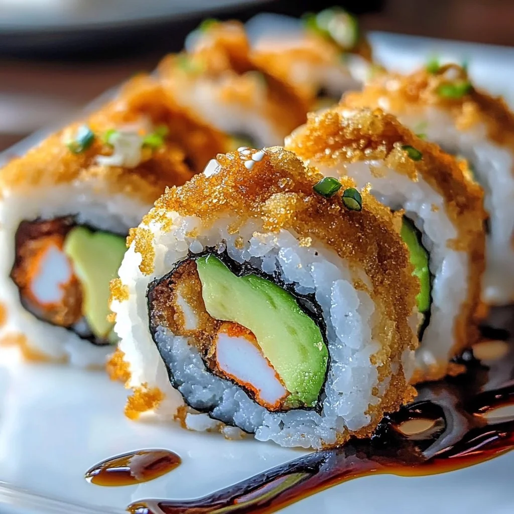 Crispy chicken tempura roll presented on a plate, garnished with dipping sauce.