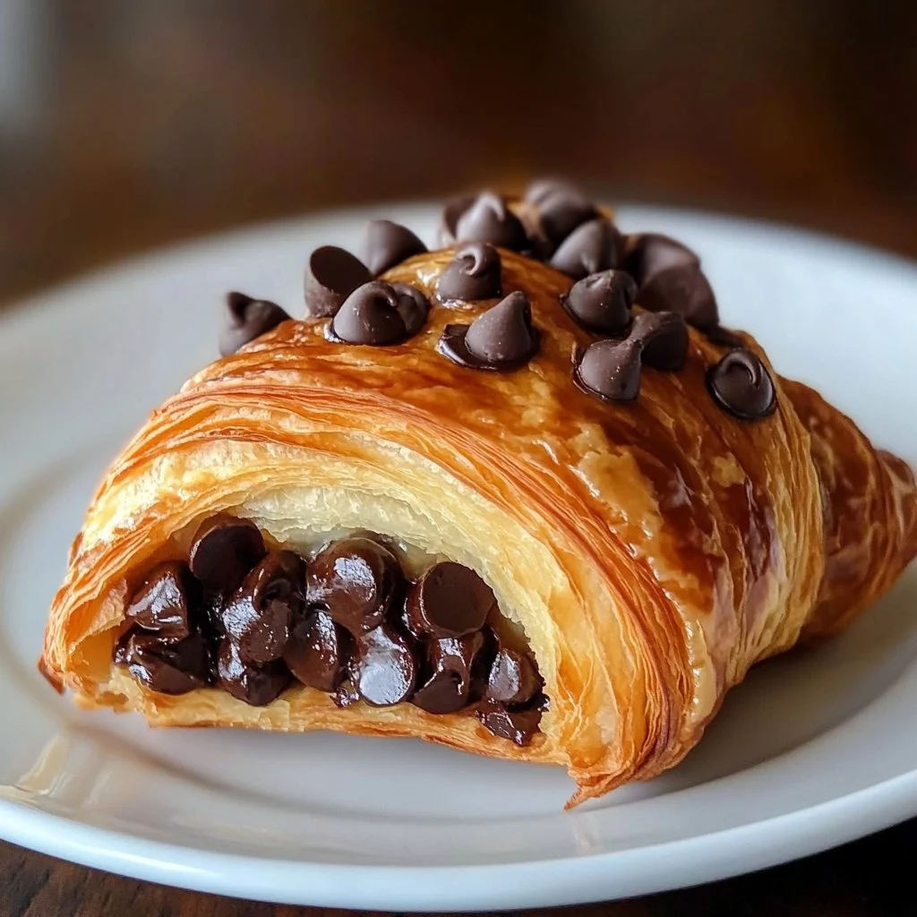 Decadent chocolate croissant breakfast bake topped with melted chocolate and flaky layers.