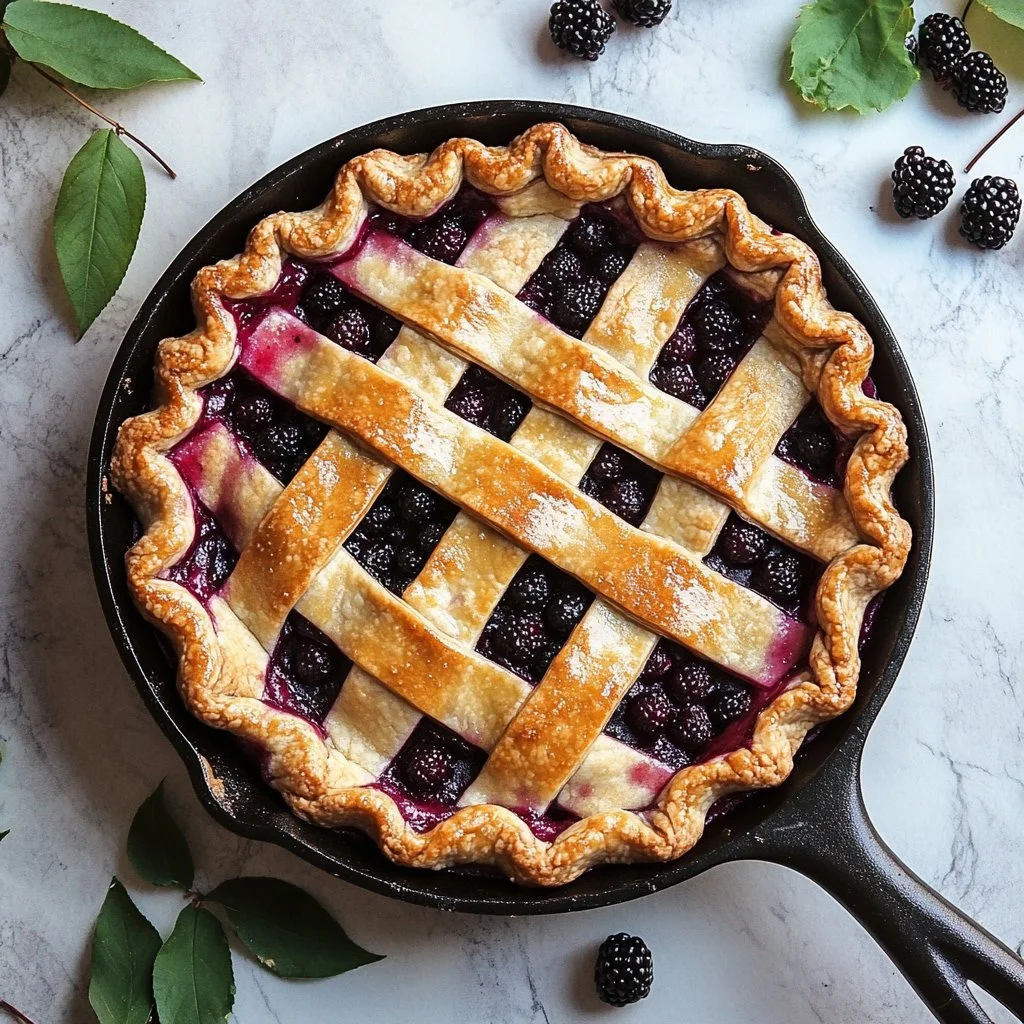 Homemade elderberry pie fresh out of the oven, topped with golden crust.