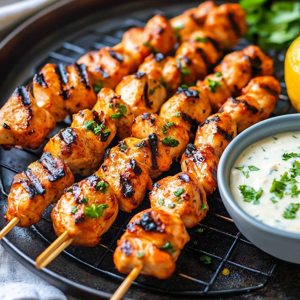 Grilled salmon skewers served with creamy dill yogurt sauce on a plate.