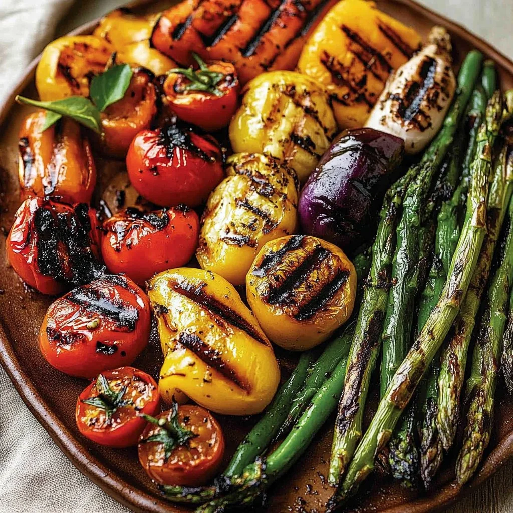 Colorful grilled vegetable medley with balsamic marinade on a platter