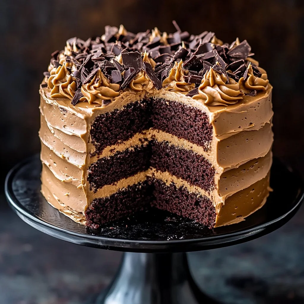 Homemade German Chocolate Cake with coconut-pecan frosting on a serving plate