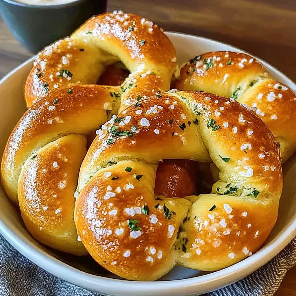 Homemade soft pretzels served with salsa verde cheese sauce for dipping