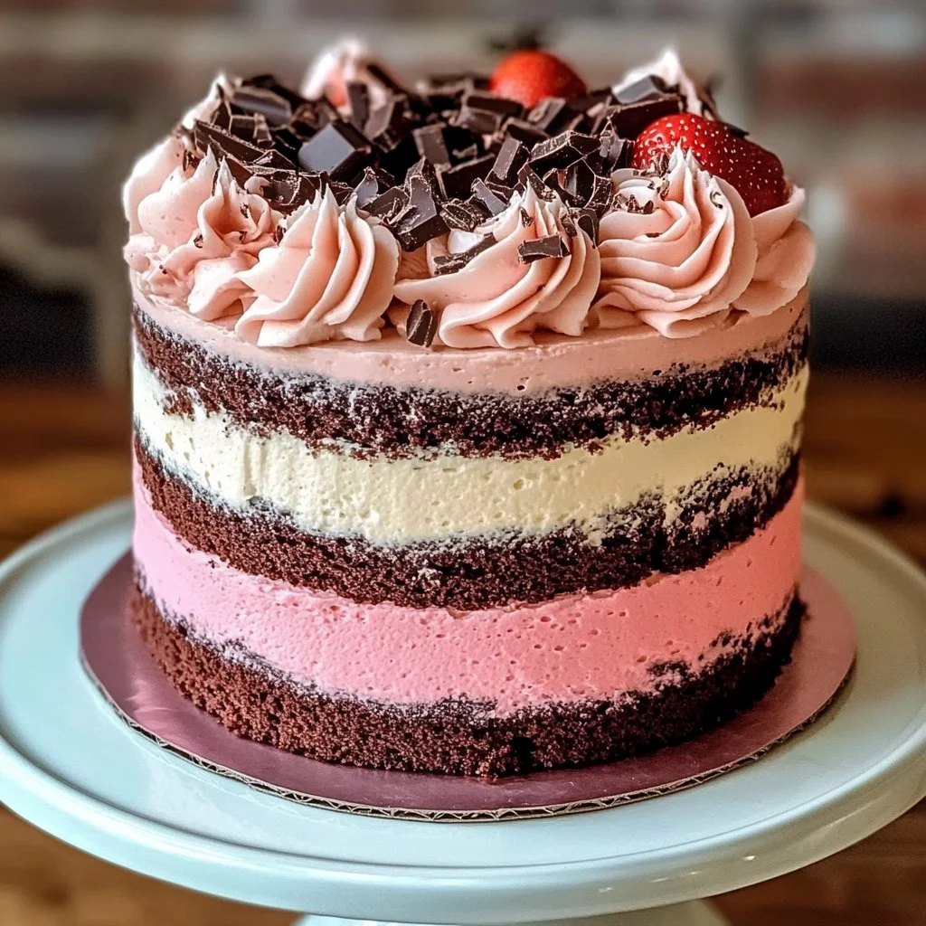 Decadent Neapolitan Cake with chocolate, vanilla, and strawberry layers