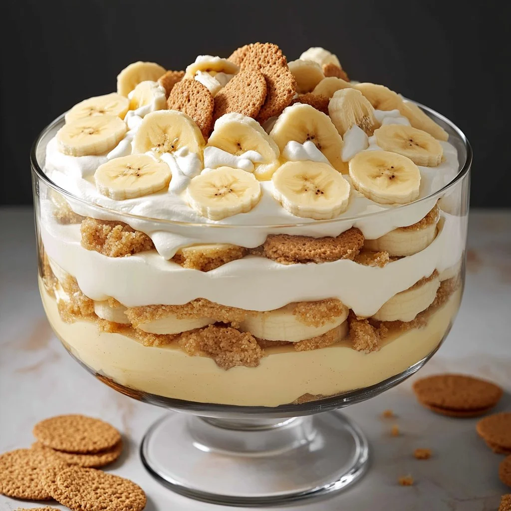 Delicious banana pudding from Magnolia Bakery garnished with banana slices and vanilla wafers.