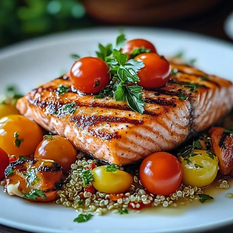 Mediterranean Salmon Quinoa Bowl topped with fresh vegetables and herbs
