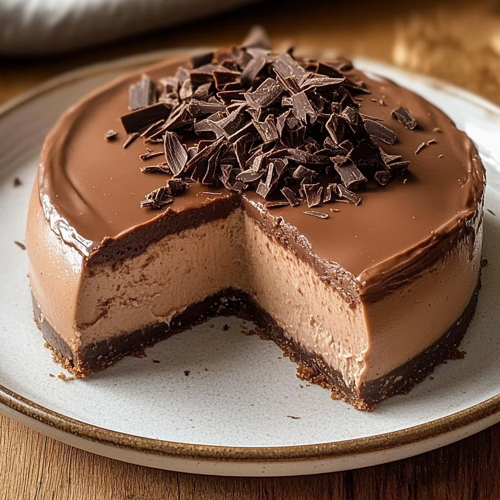 Delicious no bake Nutella cheesecake topped with chocolate and hazelnuts