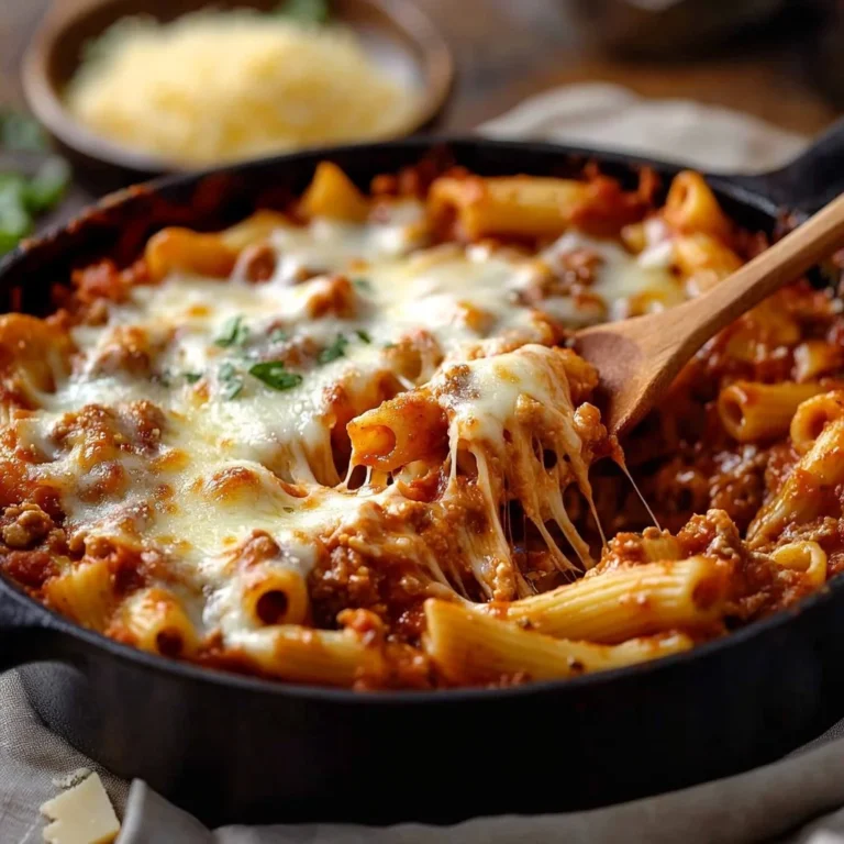 Delicious One-Skillet Lasagna served in a vibrant cast-iron skillet.