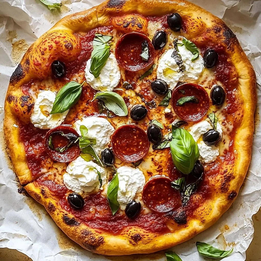 Delicious Pepperoni Ricotta Pizza with toppings and a golden crust