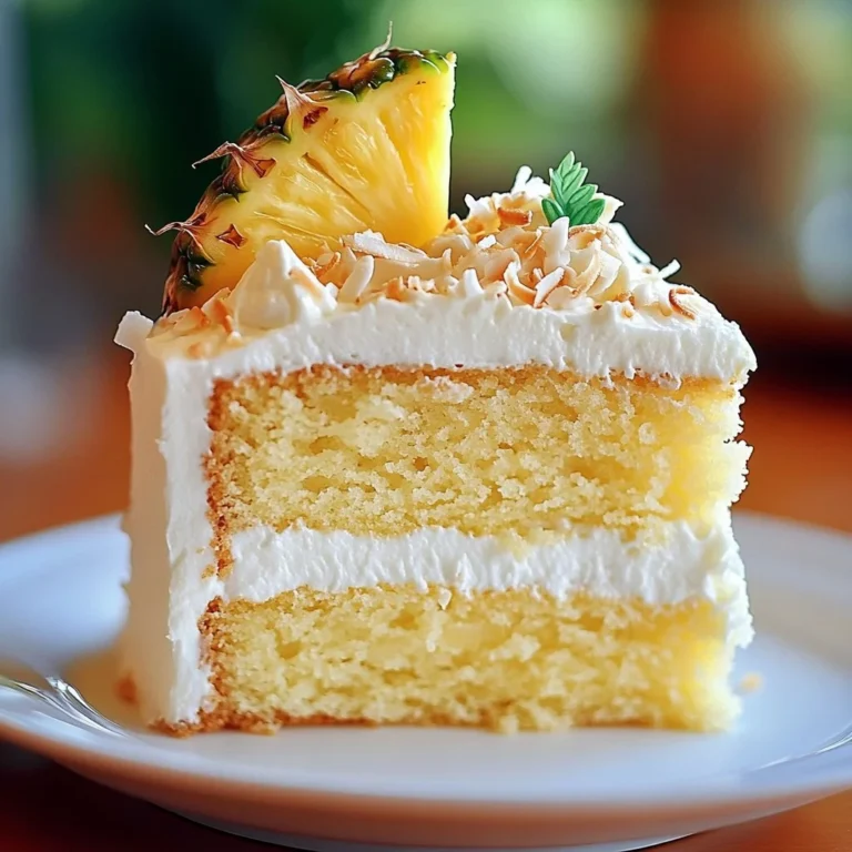 Delicious Pineapple Coconut Dream Cake topped with fresh pineapple and coconut flakes.