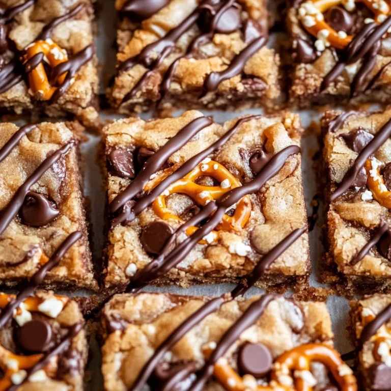 Pretzel chocolate chip cookie bars in a baking dish ready to serve.