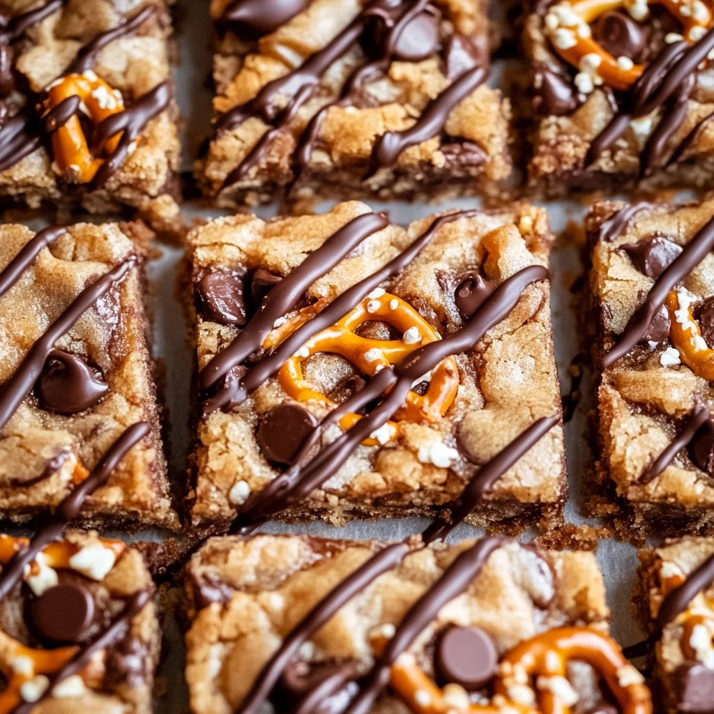 Pretzel chocolate chip cookie bars in a baking dish ready to serve.