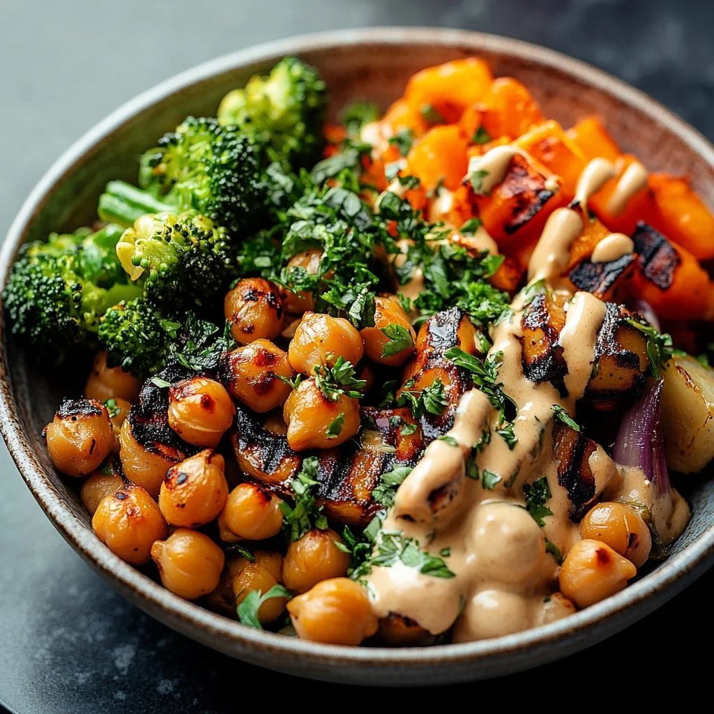 Roasted vegetable and chickpea bowl with tahini dressing for a healthy meal
