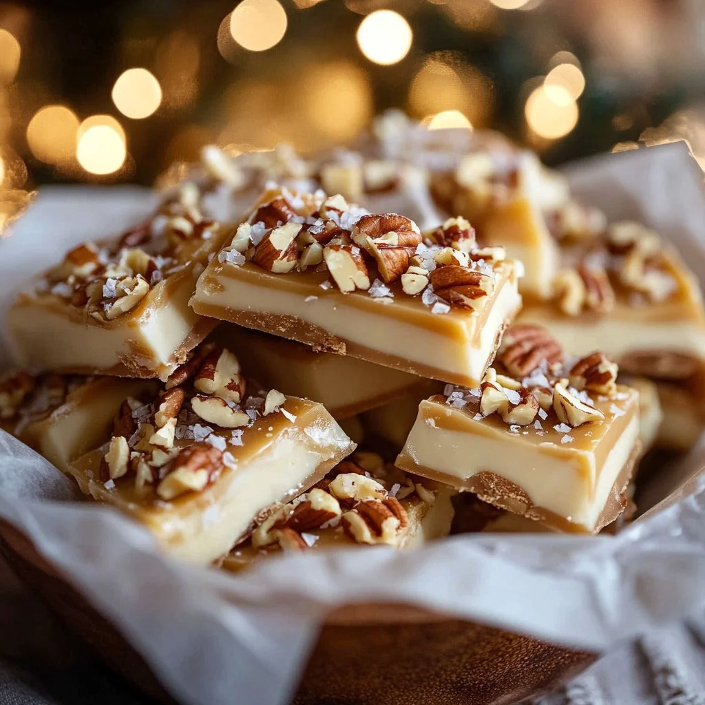 Delicious salted white chocolate toffee pieces on a plate.