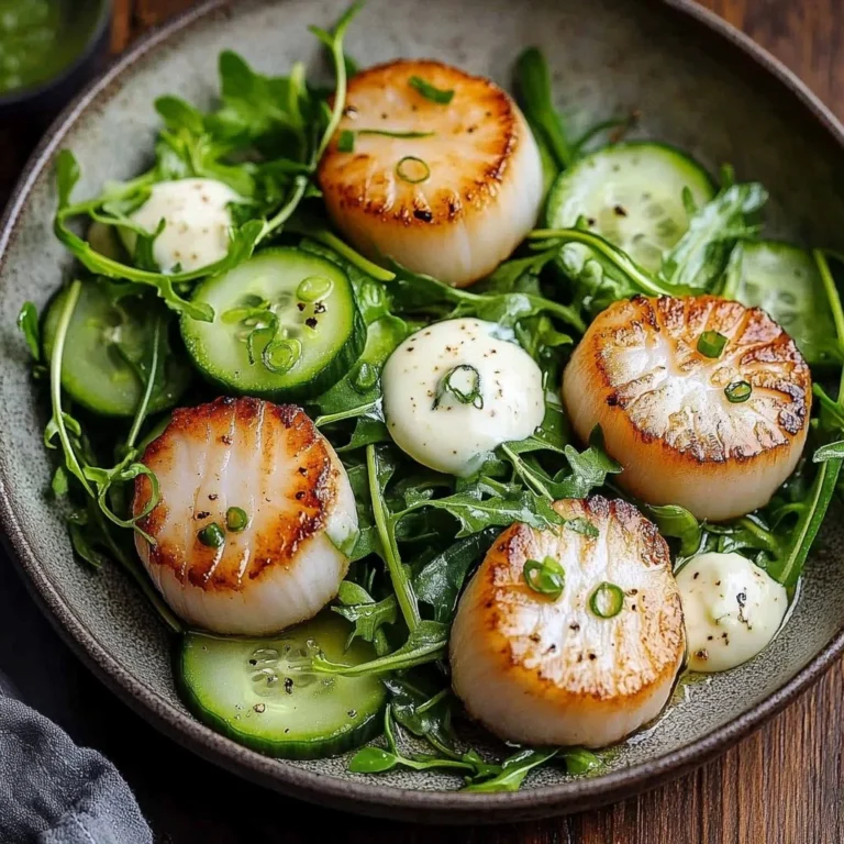 Seared scallops served with a fresh cucumber salad on a white plate