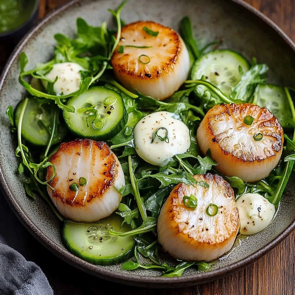 Seared scallops served with a fresh cucumber salad on a white plate
