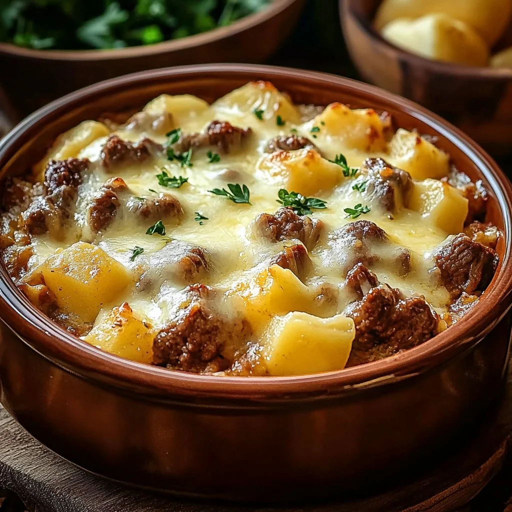 Slow Cooker Steak and Cheddar Potato Casserole garnished with herbs