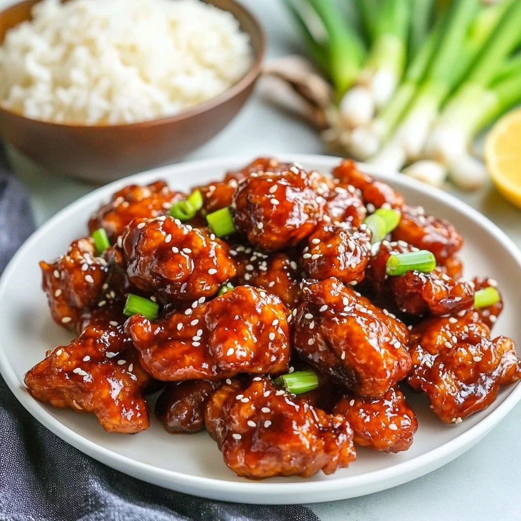 Plate of sticky honey chicken served with rice and vegetables