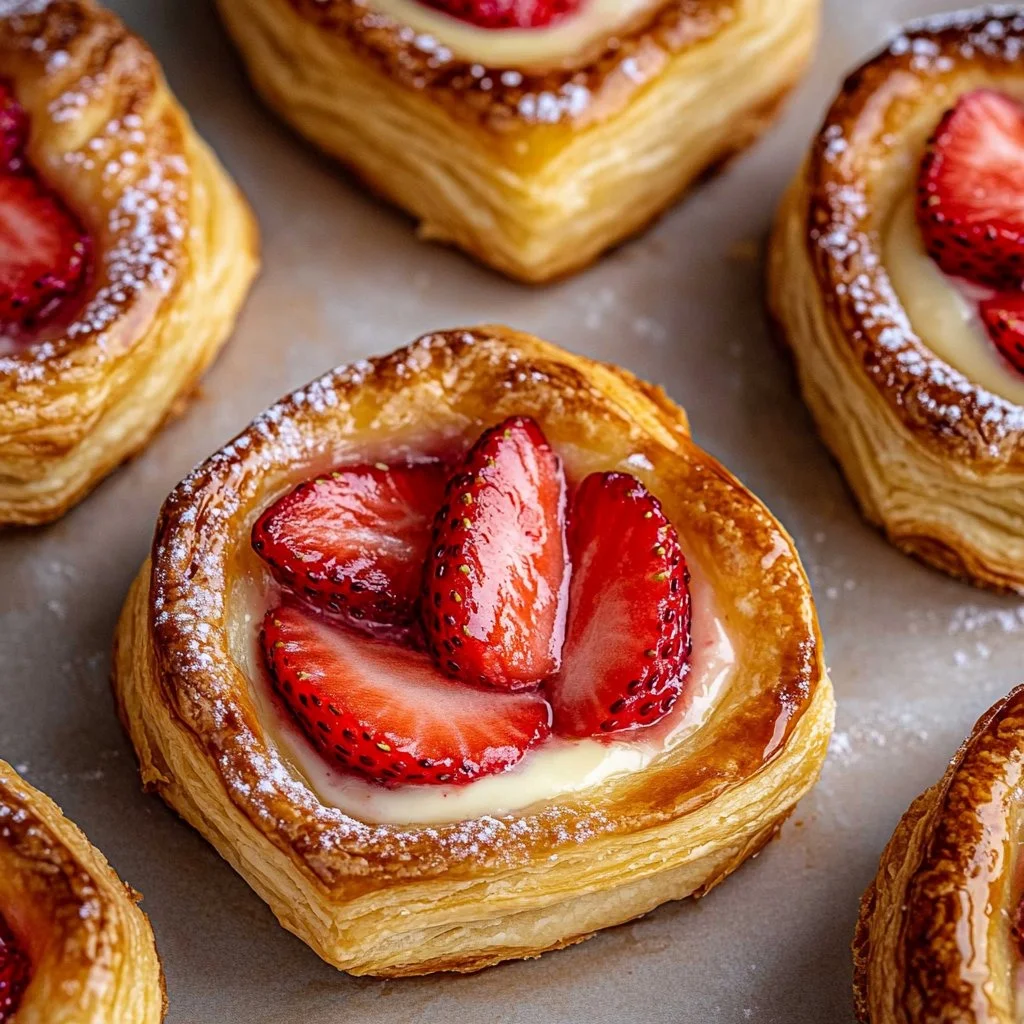Homemade Strawberry Danish pastry with fresh strawberries and glaze