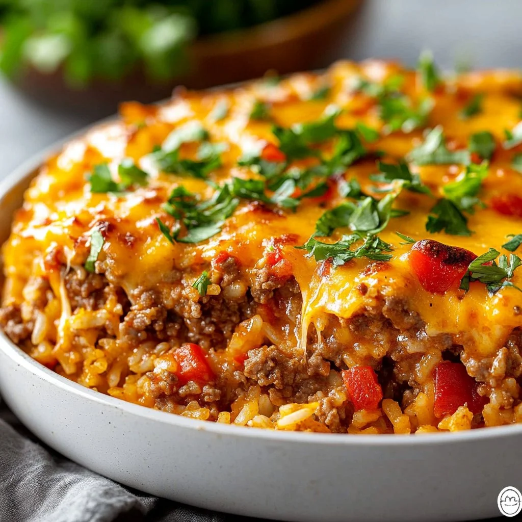 Delicious stuffed pepper casserole topped with cheese and garnished with herbs