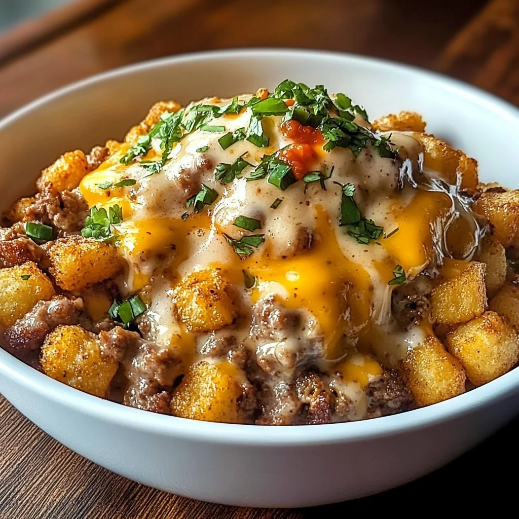 Tater Tot Breakfast Bowl with Sausage Gravy, topped with eggs and cheese
