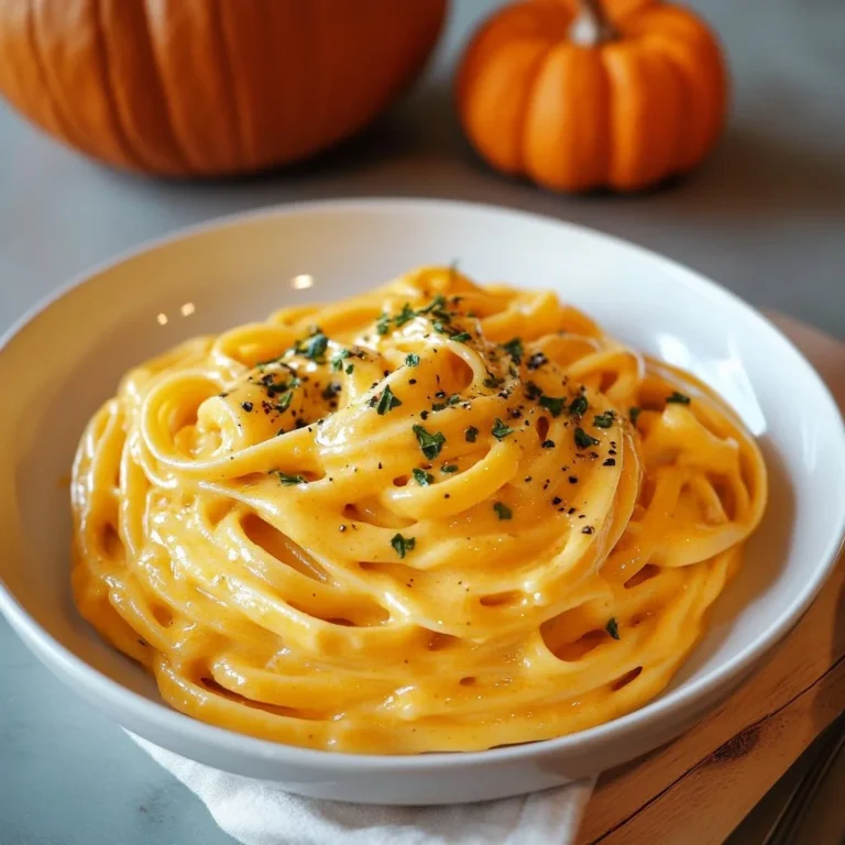 Bowl of creamy vegan pumpkin pasta garnished with fresh herbs