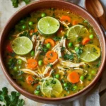Bowl of anti-inflammatory turmeric chicken soup with herbs and spices.