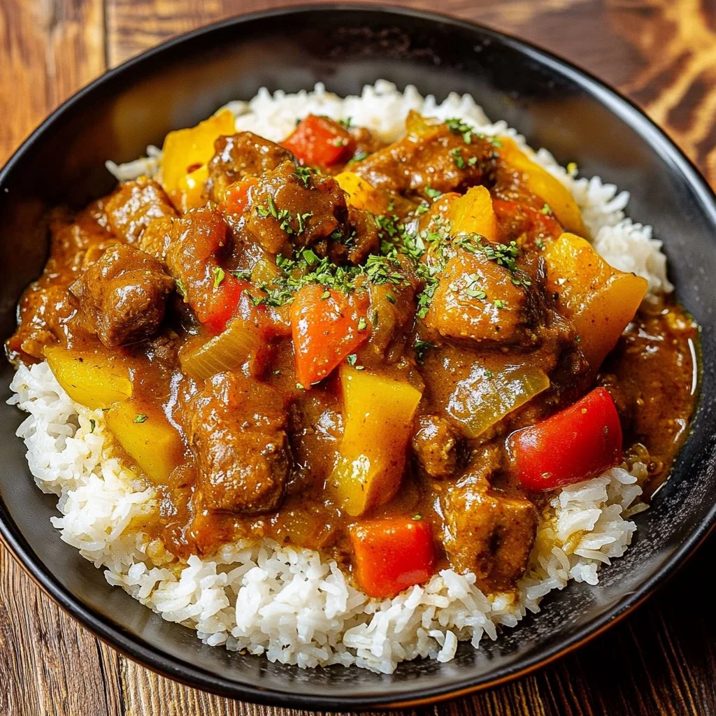 Plate of authentic Jamaican Curry Chicken with spices and herbs