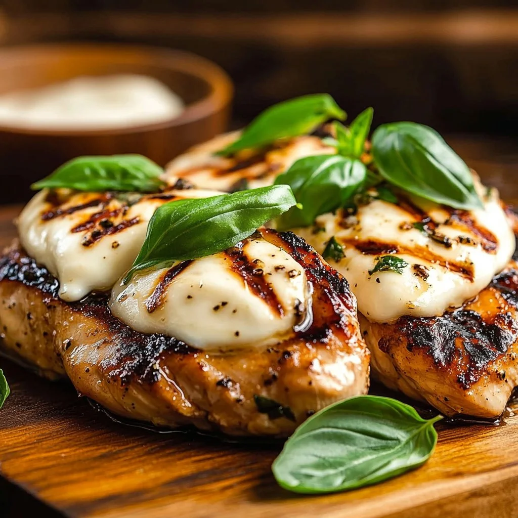 Balsamic baked chicken breast recipe topped with melted mozzarella cheese